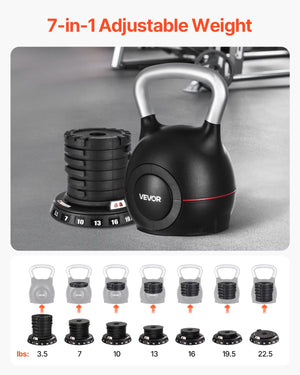Kettlebell, Adjustable Kettlebell with 7 Weight Levels (3.5, 7, 10, 13, 16, 19.5, 22.5 Lbs), Die-Cast Aluminum and ABS Material, for Grip Strength Training, Full-Body Workout & Cross-Training