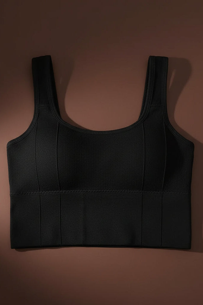 Black sleeveless sports bra with wide straps