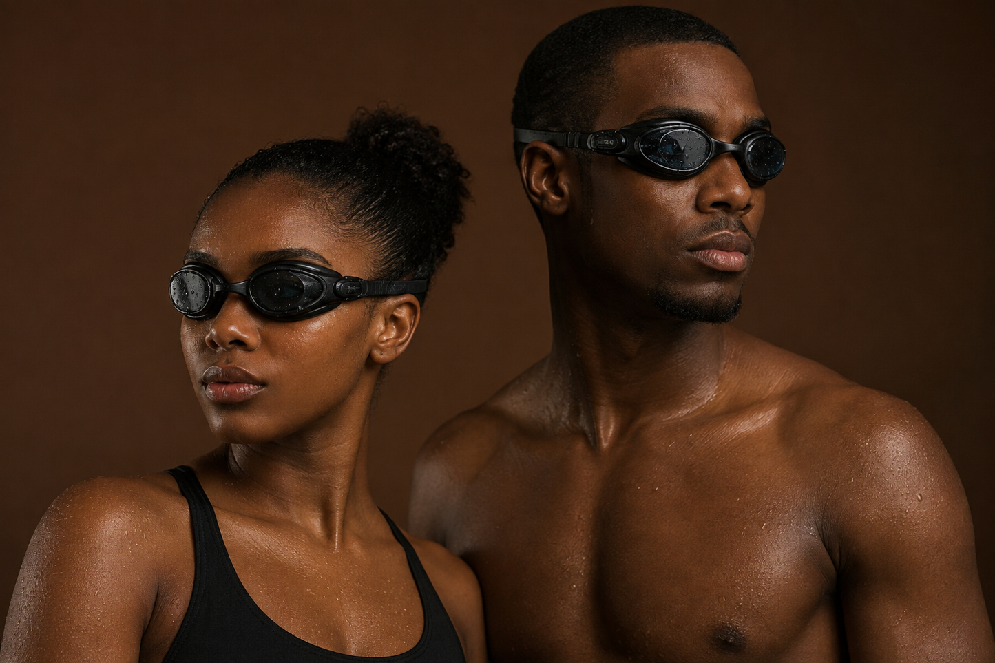 Two swimmers wearing professional anti-fog swim goggles outdoors