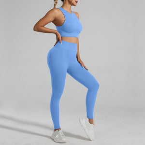 A woman figure, wearing a Light Blue-Fitting Yoga Set