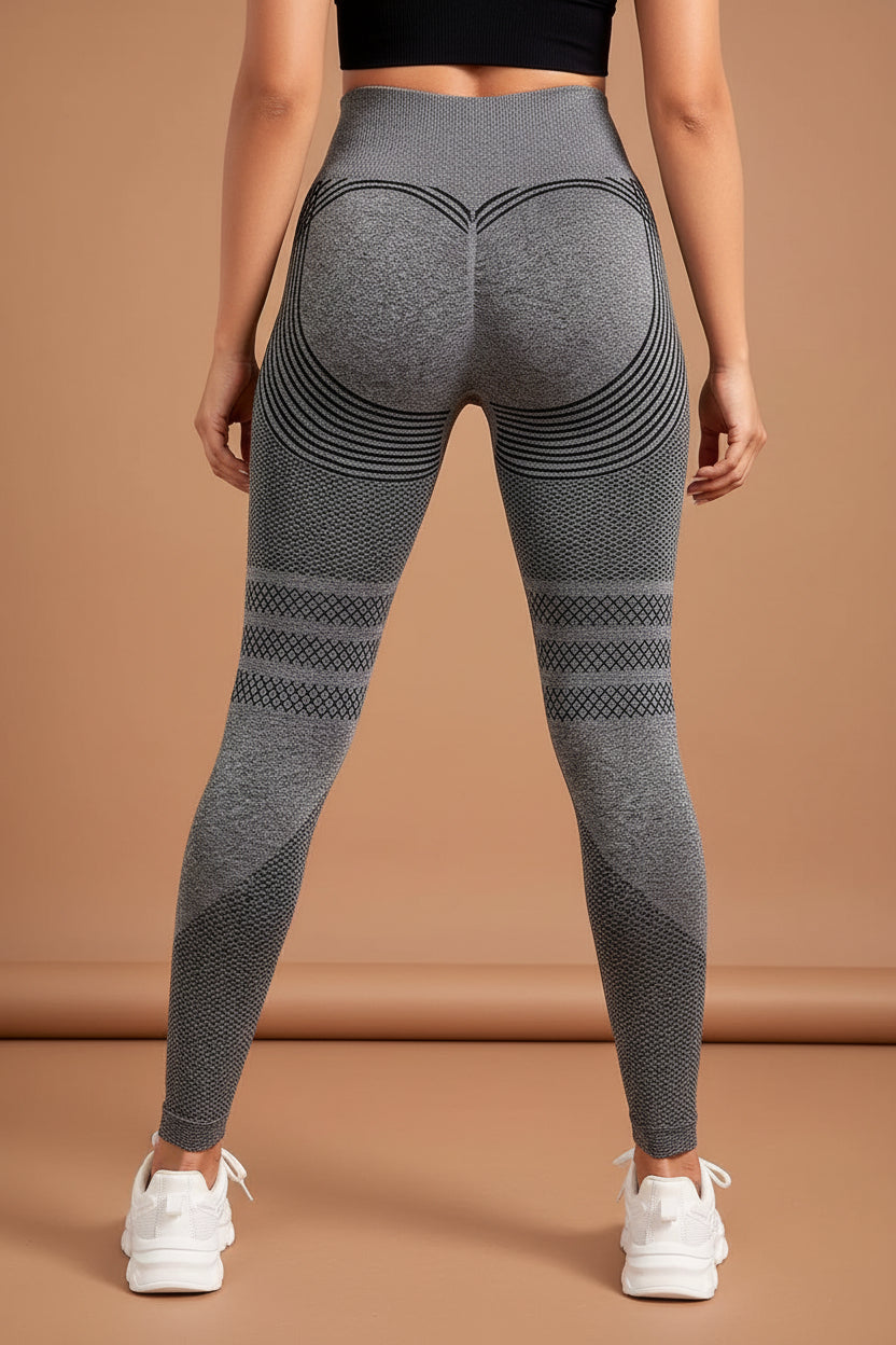 Back view of grey contour-seam leggings
