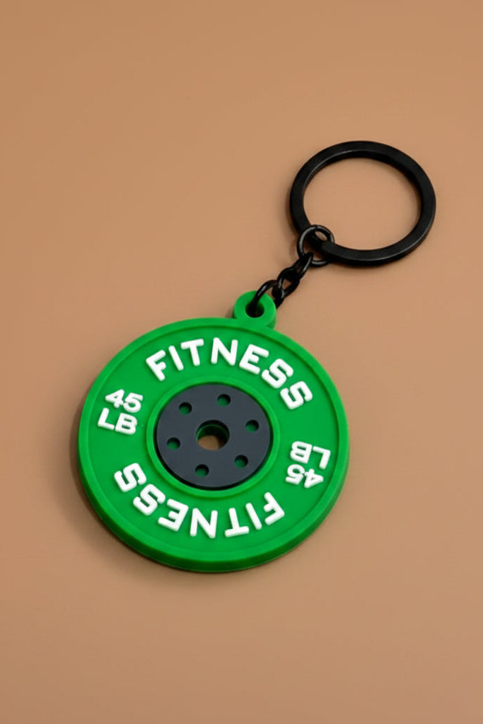 Green weight-plate-shaped keychain