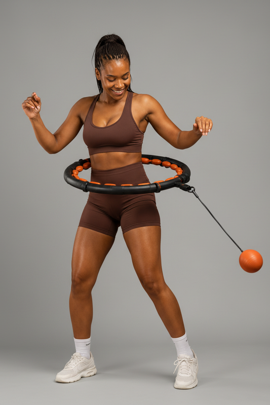 Woman using an adjustable hoop with an attached orange weight