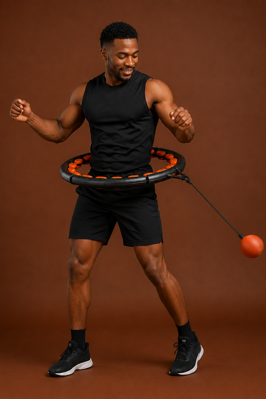 Man doing cardio workout with weighted hula hoop at home