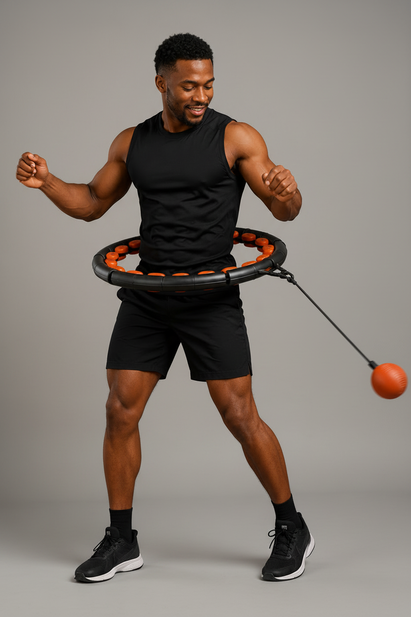 Man using a segmented hoop with an attached weight