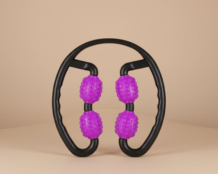 Curved handheld massager with four purple textured wheels