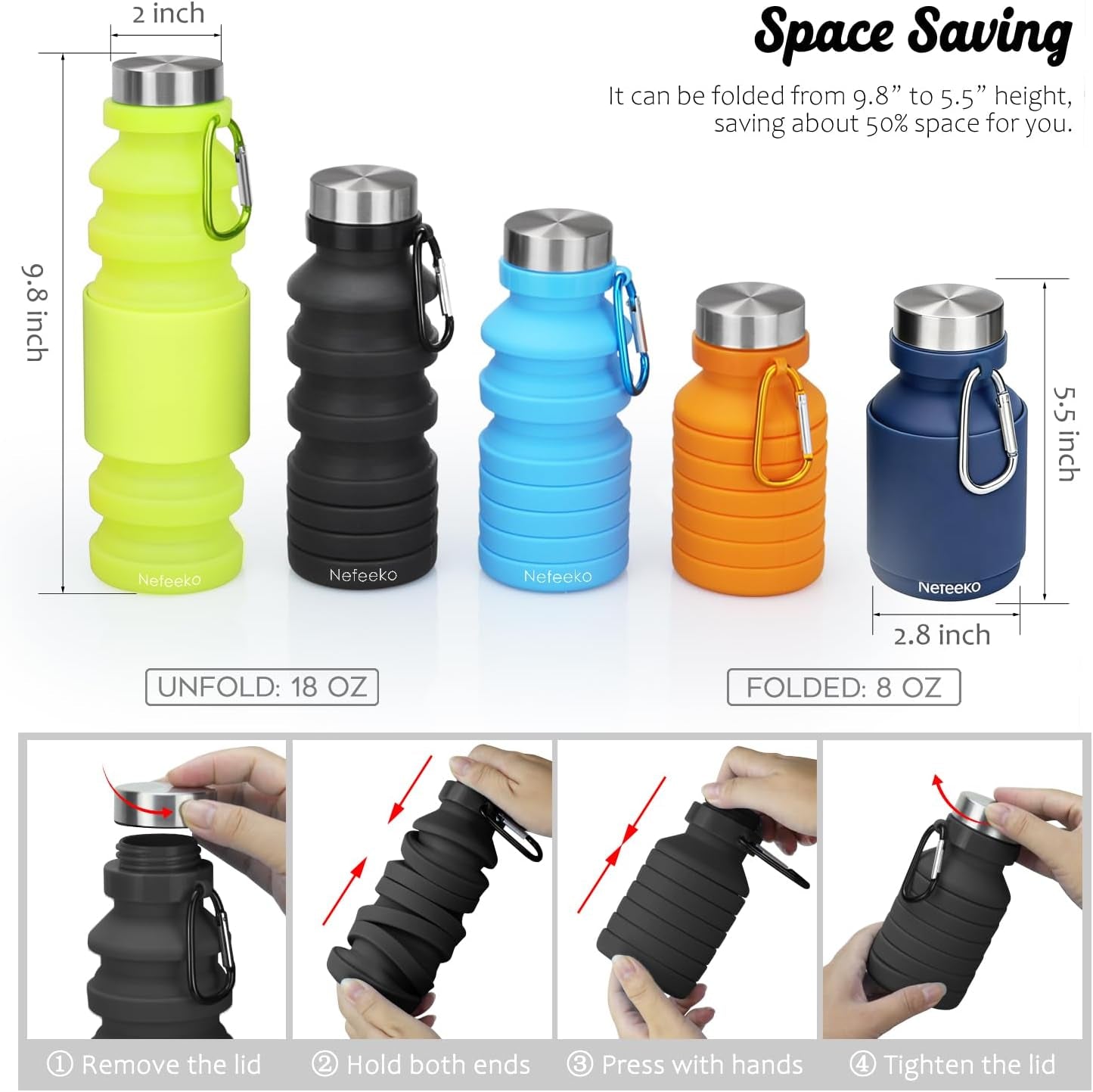 Collapsible Water Bottle, 18Floz Reuseable BPA Free Silicone Foldable Bottles for Travel Gym Camping Hiking, Portable Leak Proof Sports Water Bottle with Carabiner | Foldable Water Bottles for Travel Gym Camping Hiking, Portable Leak Proof Sports Water Bottle with Carabiner