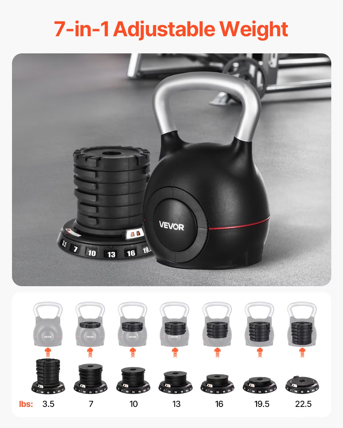 Kettlebell, Adjustable Kettlebell with 7 Weight Levels (3.5, 7, 10, 13, 16, 19.5, 22.5 Lbs), Die-Cast Aluminum and ABS Material, for Grip Strength Training, Full-Body Workout & Cross-Training