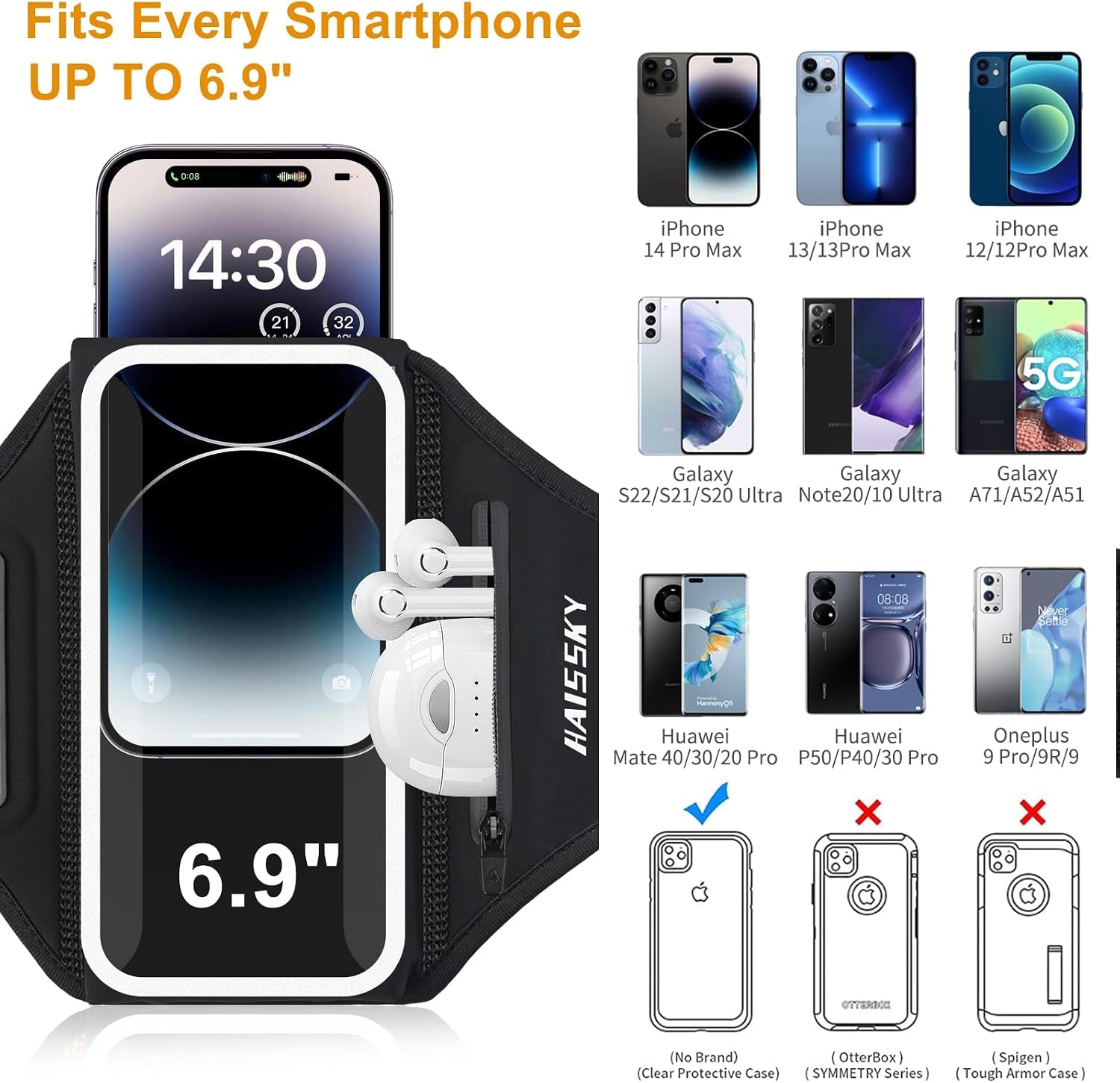Running Armband with Earphone Bag, 6.9" Phone Holder for Iphone Samsung | Zipper Pocket for Keys & Earphones, TPU Touchscreen & Water-Resistant, 3D Design Phone Armband, Stretchy Fits Arm 13"-16.5"