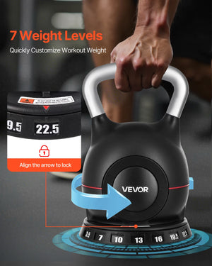 Kettlebell, Adjustable Kettlebell with 7 Weight Levels (3.5, 7, 10, 13, 16, 19.5, 22.5 Lbs), Die-Cast Aluminum and ABS Material, for Grip Strength Training, Full-Body Workout & Cross-Training