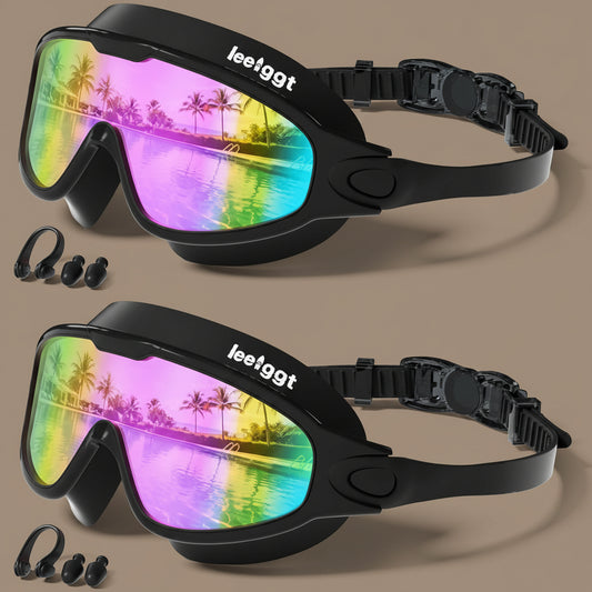 Wide-view anti-fog swim goggles with rainbow mirrored lens