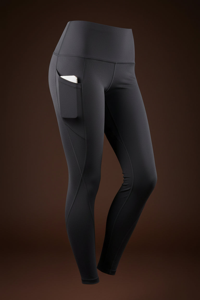 Charcoal grey yoga leggings, flat lay view