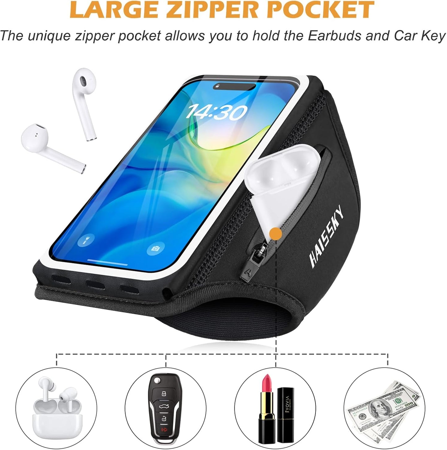 Running Armband with Earphone Bag, 6.9" Phone Holder for Iphone Samsung | Zipper Pocket for Keys & Earphones, TPU Touchscreen & Water-Resistant, 3D Design Phone Armband, Stretchy Fits Arm 13"-16.5"