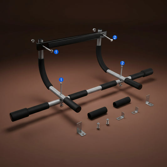 Home gym pull-up bar mounted in doorway for strength training