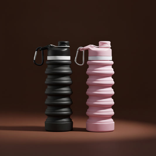 RidgeFold collapsible water bottle in black and pink silicone