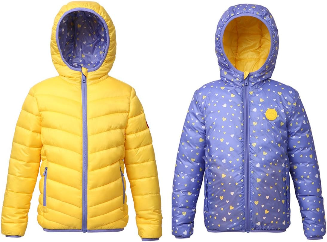 Girls' Reversible Lightweight Puffer Jacket Hooded Water-Resistant Winter Coat