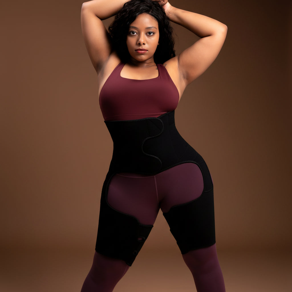 Fitness model wearing sauna thigh sleeves for exercise training