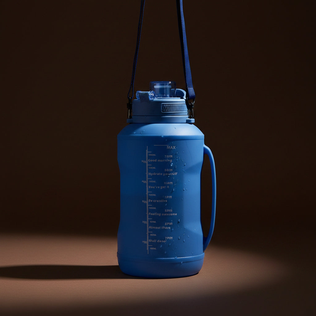 64oz foldable water bottle with strap, blue, hanging display