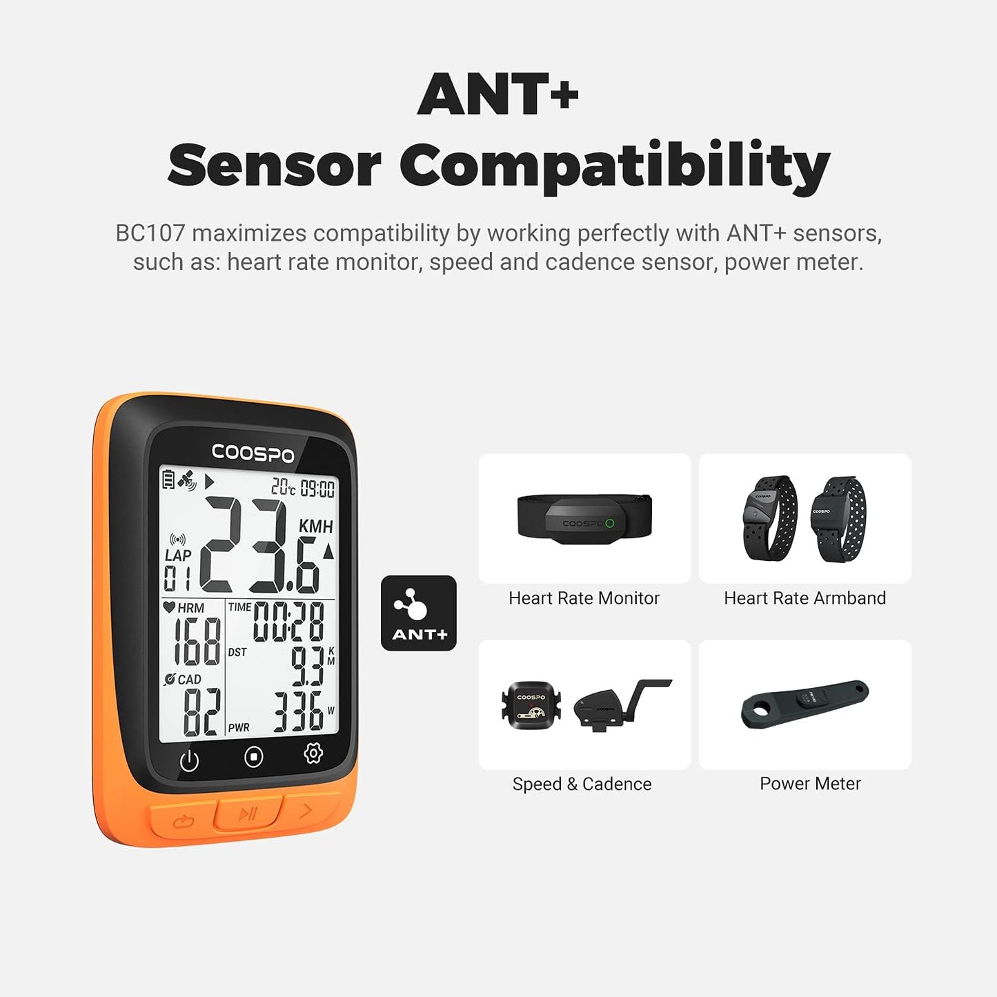 Bike Computer Wireless GPS, Cycling Computer GPS Bike Tracker with Bluetooth/Ant+, Waterproof Bicycle Computer GPS Speedometer with Auto Backlight, 2.4 Inch LCD Display