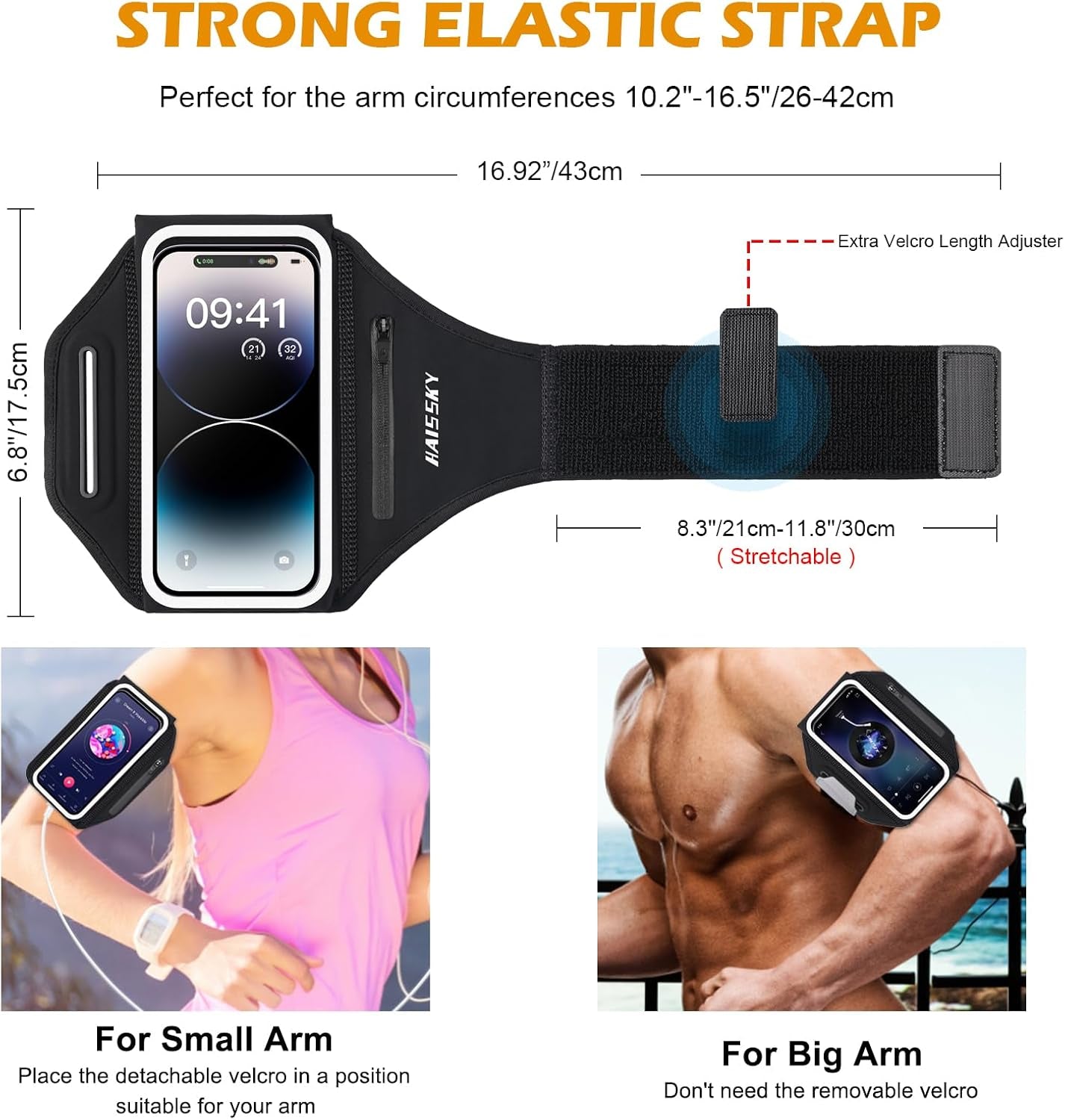Running Armband with Earphone Bag, 6.9" Phone Holder for Iphone Samsung | Zipper Pocket for Keys & Earphones, TPU Touchscreen & Water-Resistant, 3D Design Phone Armband, Stretchy Fits Arm 13"-16.5"