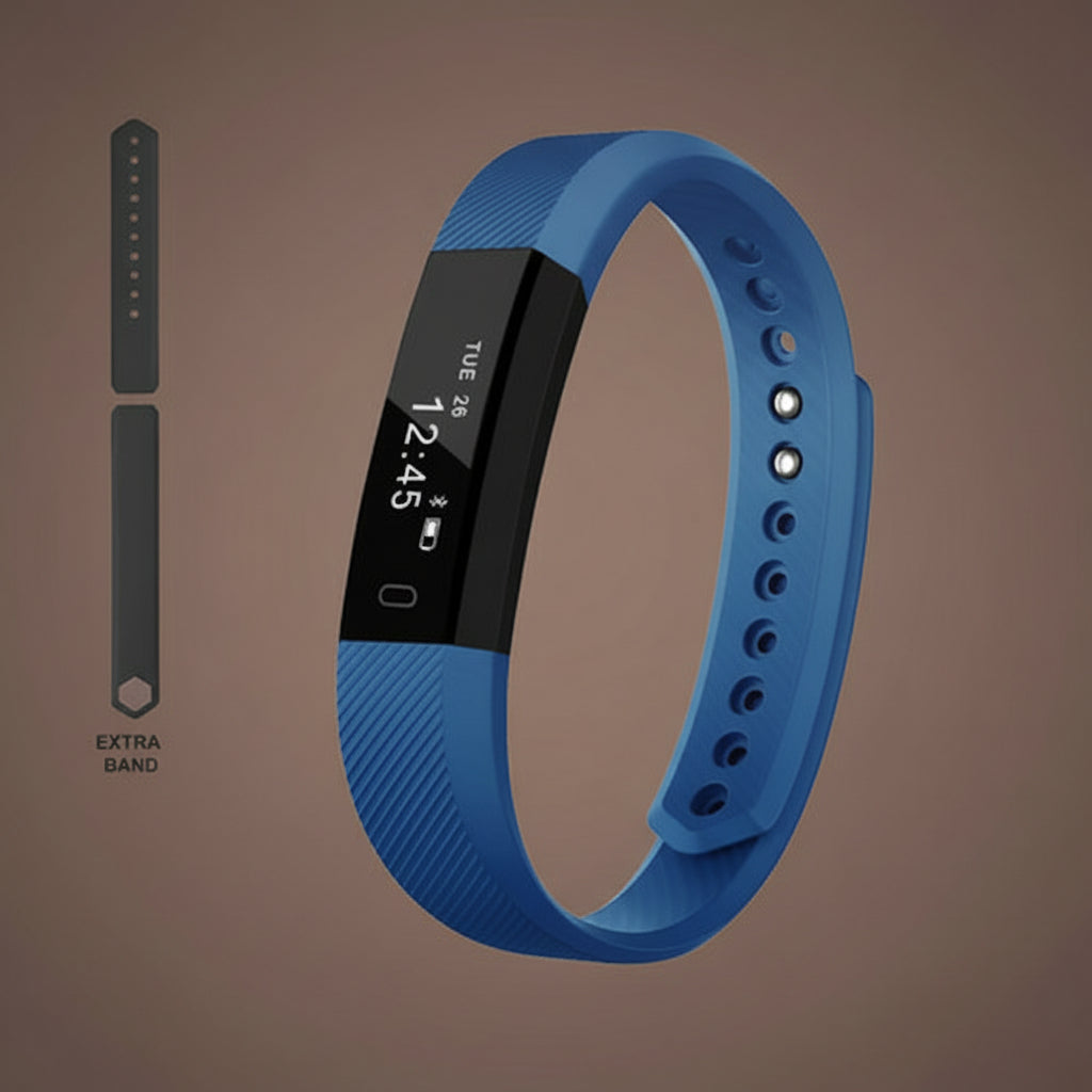 Smart Fit activity tracker and smart watch - full product view with an extra band blue in color