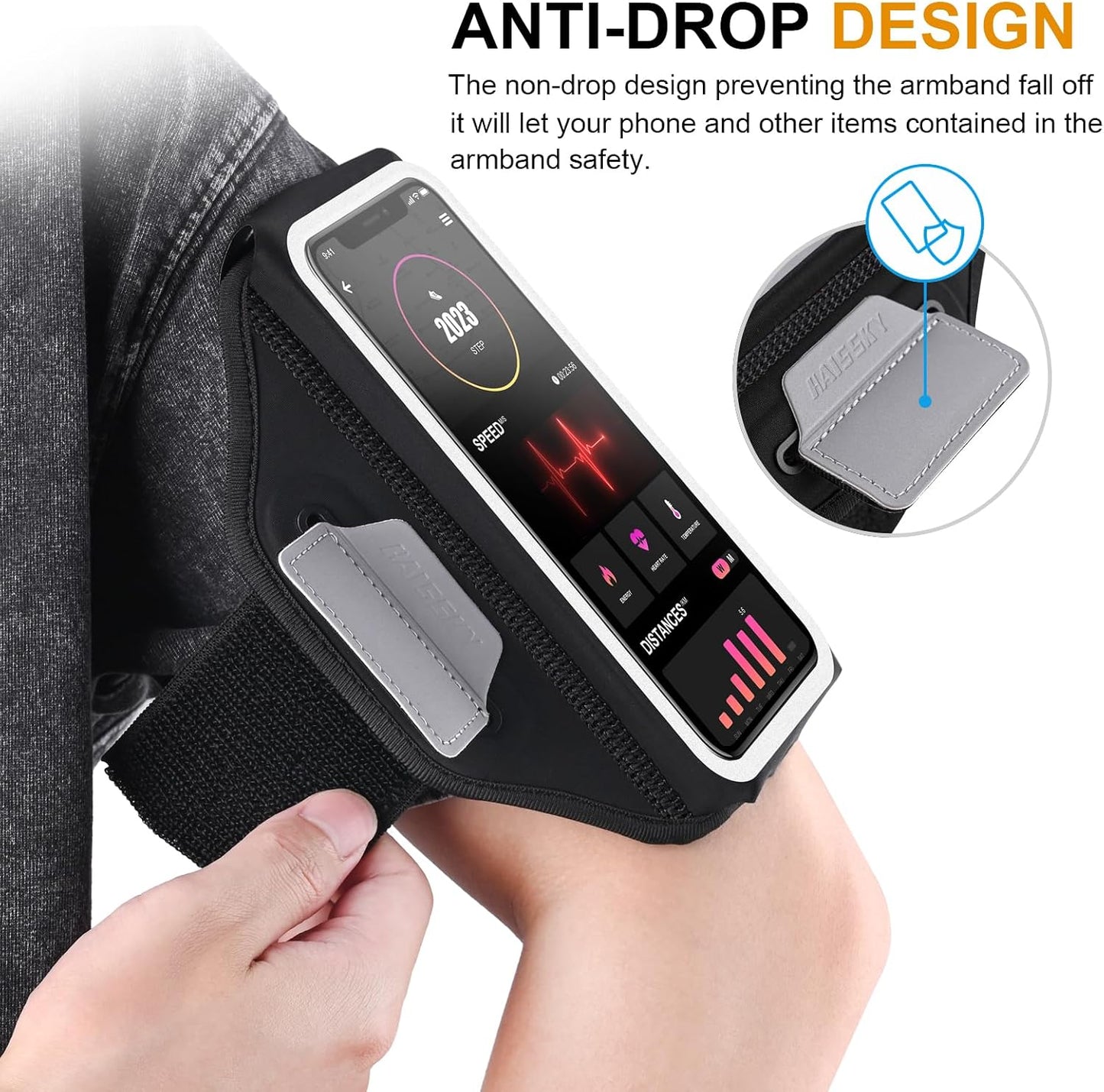 Running Armband with Earphone Bag, 6.9" Phone Holder for Iphone Samsung | Zipper Pocket for Keys & Earphones, TPU Touchscreen & Water-Resistant, 3D Design Phone Armband, Stretchy Fits Arm 13"-16.5"
