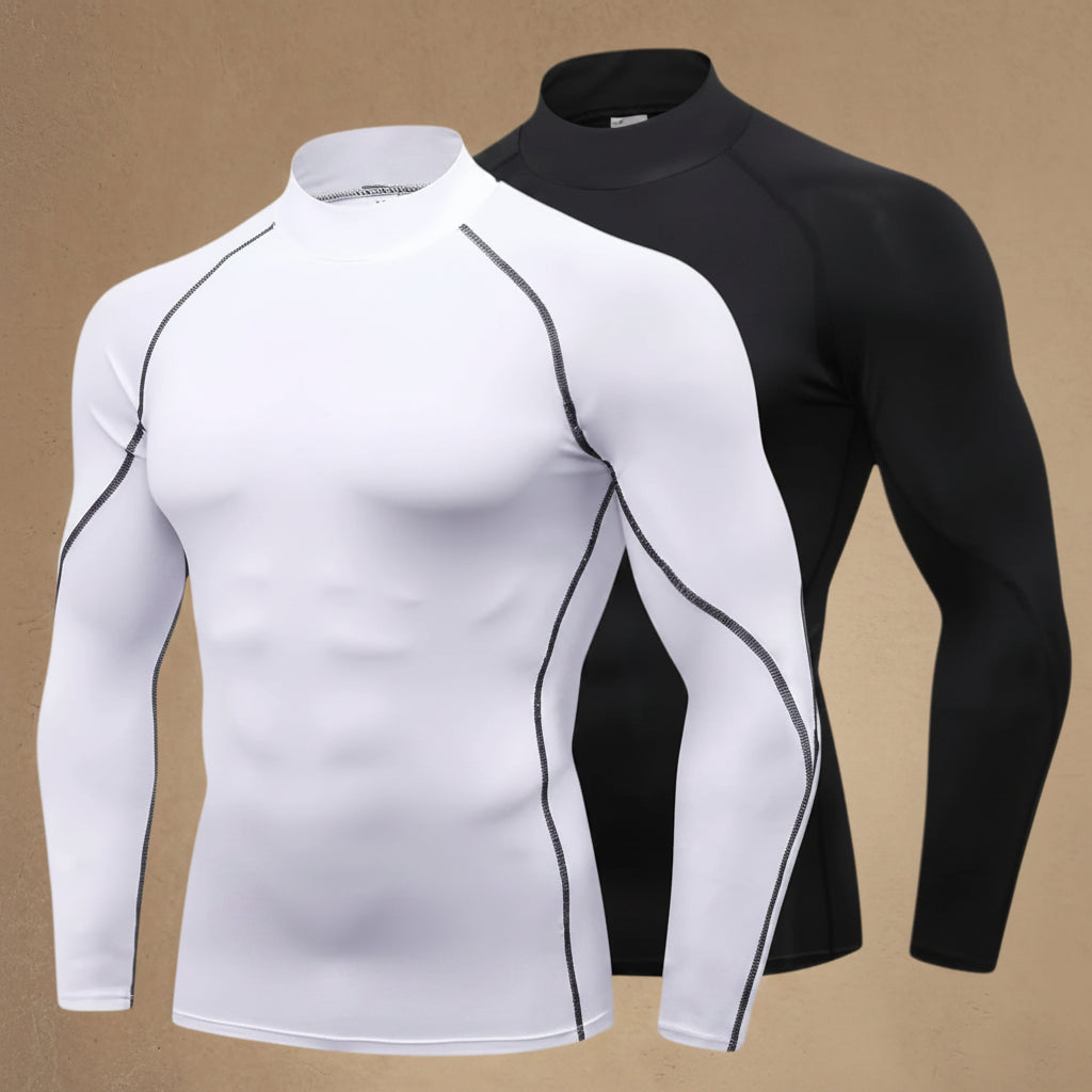 2 Pack Compression Tops for Men Long Sleeve Mens Running Top Quick Dry Turtleneck Base Layer Top for Gym Sports Fitness Workout Cycling Footbal