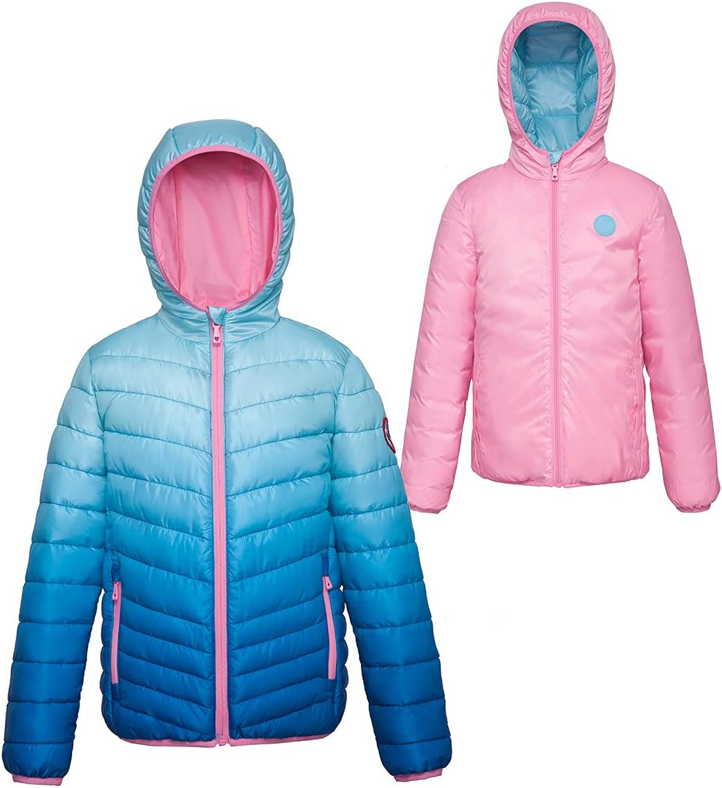 Girls' Reversible Lightweight Puffer Jacket Hooded Water-Resistant Winter Coat
