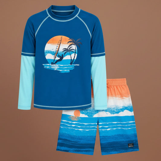 Boys Swim Set - UPF 50+ Long Sleeve Rash Guard and Swim Trunks, 2 Piece Boys Swimsuit Set