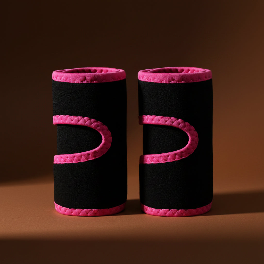 Pair of sauna thigh trainer sleeves with pink compression design