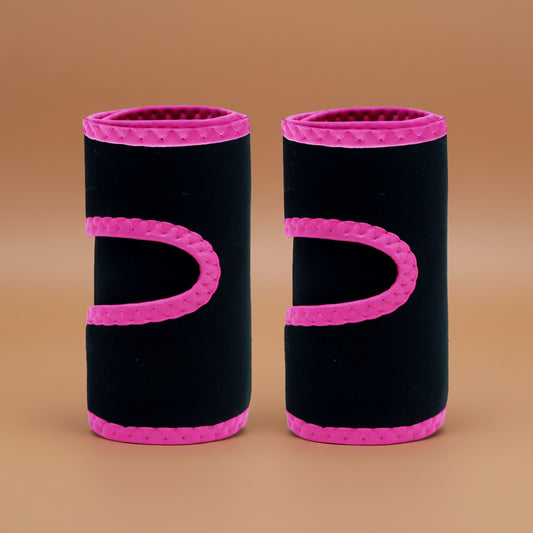 Pair of black workout sleeves with pink edging