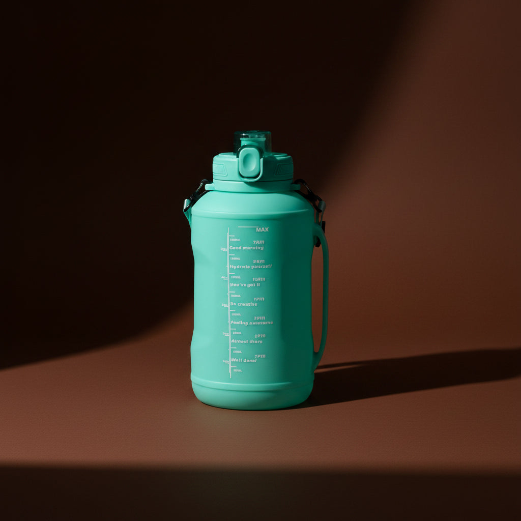 RollFit 2L collapsible silicone water bottle in teal on dark background