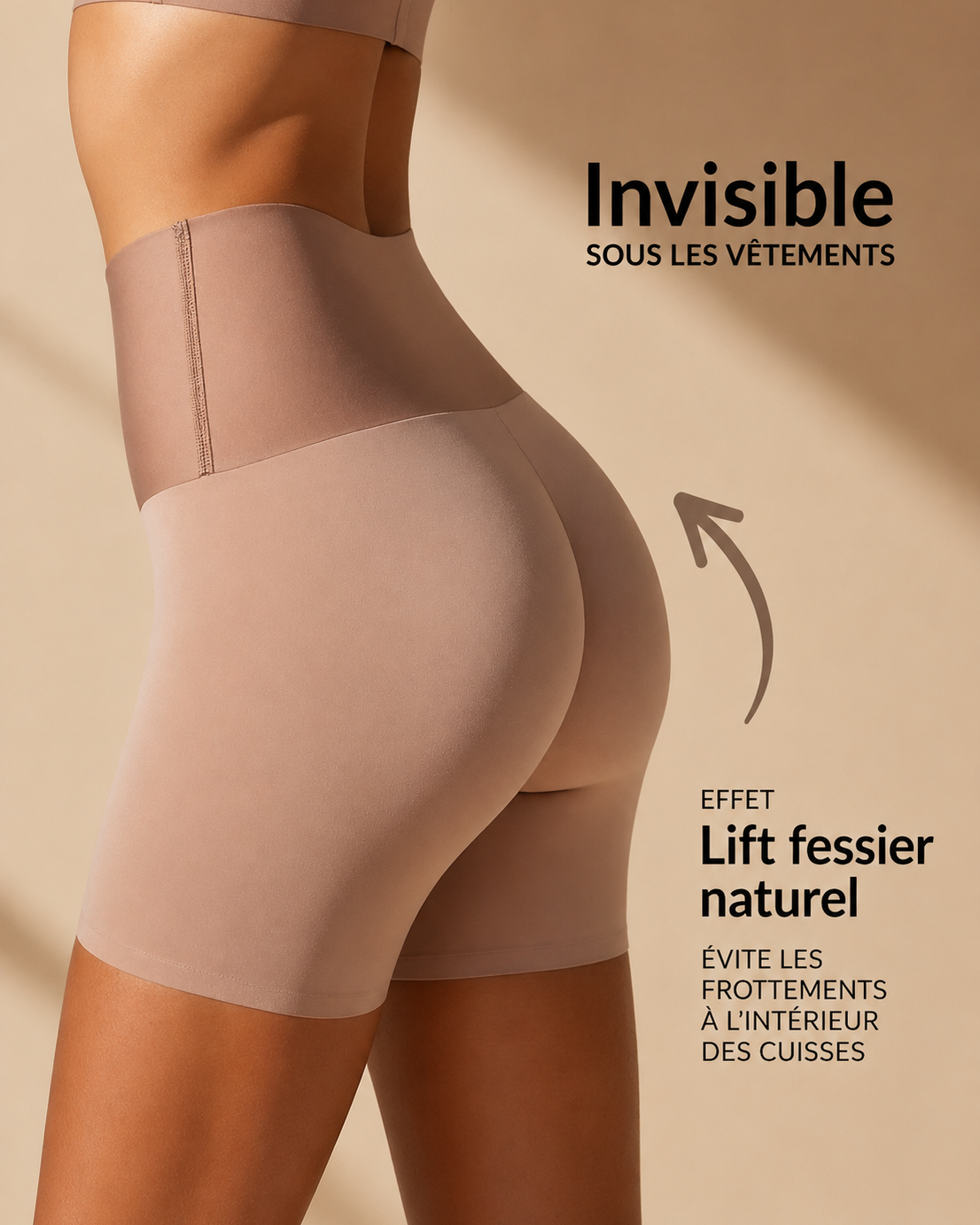 Side profile of high-waist shaping shorts on model