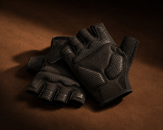 Aero Grip cycling gloves in black, padded palm and breathable mesh back, front view
