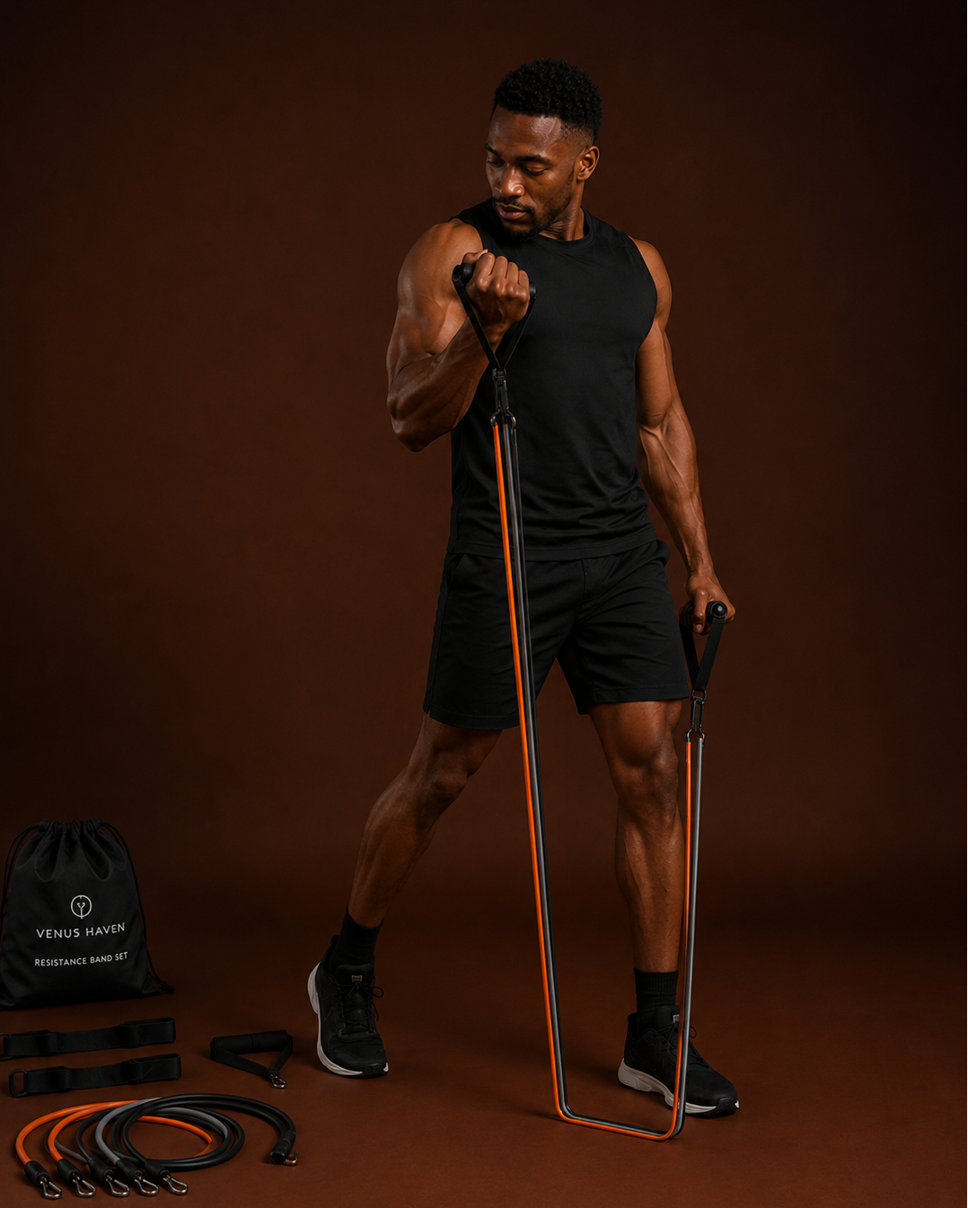 Man using resistance band set for full body home workout
