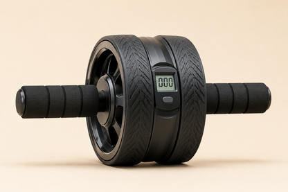 Black abdominal exercise wheel with a digital display