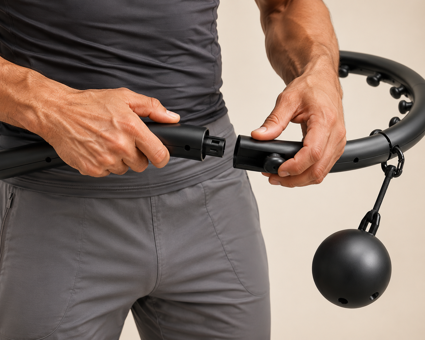 Hands adjusting detachable weighted massage hula hoop segment