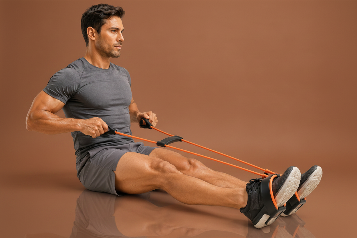 Man using resistance band and foot pedal for arm workout