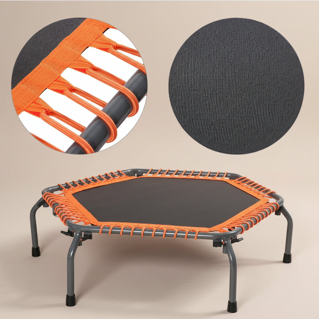	Foldable trampoline with orange jumping mat and cover