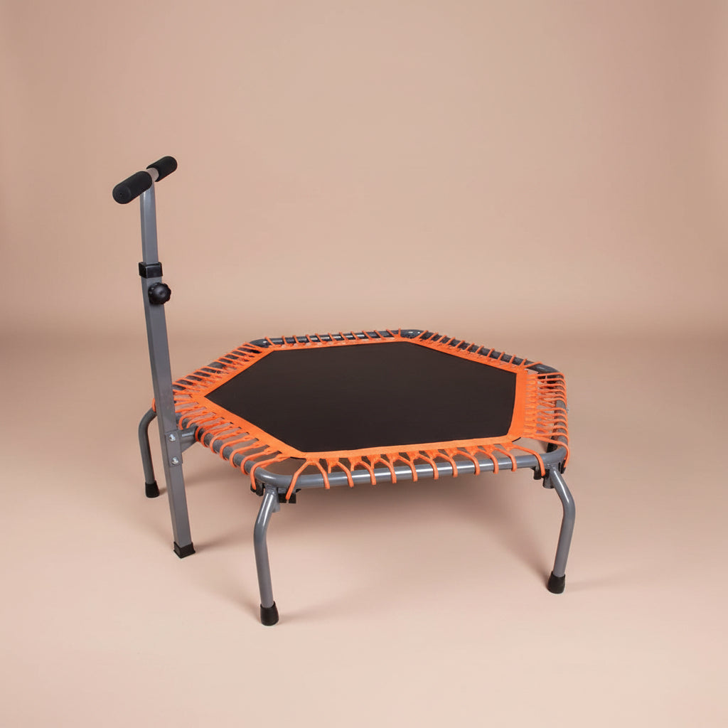 Fitness trampoline folded flat for storage