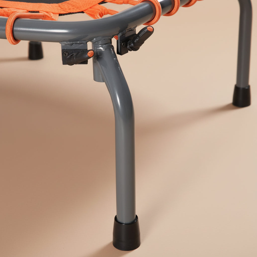 Close-up of adjustable trampoline handrail and phone mount