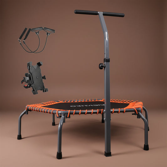 Foldable fitness trampoline with adjustable handrail