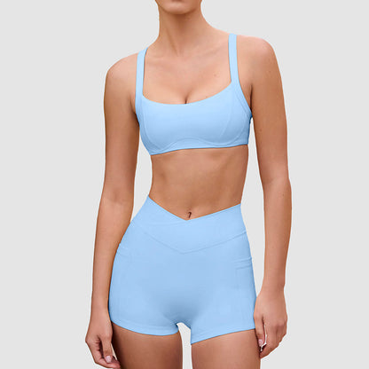 V-Waist Sports Bra & Shorts Set in Blue, full set front view