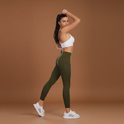 Woman wearing olive green high-waisted leggings