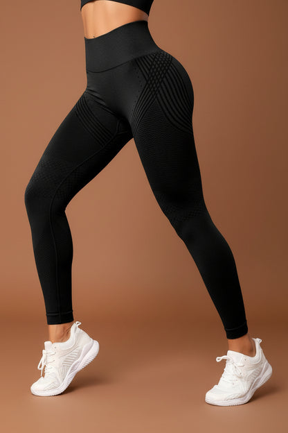 Side view of black high-waisted leggings