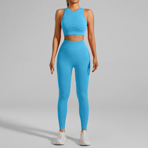 Woman in tight-fitting breathable yoga set doing a yoga stretch
