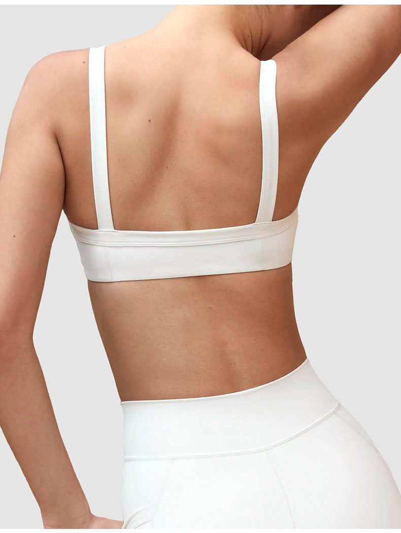 V-Waist Sports Bra & Shorts Set in White, sports bra back view
