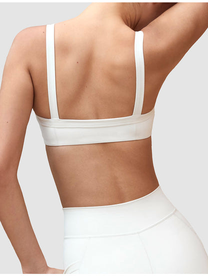 V-Waist Sports Bra & Shorts Set in White, sports bra back view