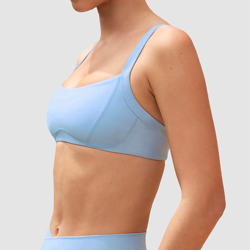 V-Waist Sports Bra & Shorts Set in Blue, sports bra side view