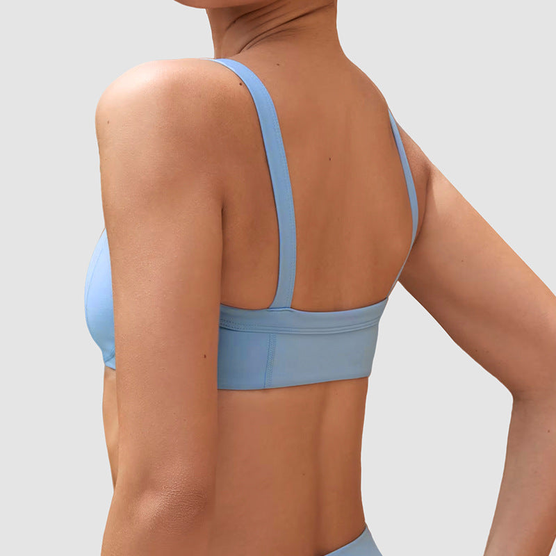 V-Waist Sports Bra & Shorts Set in Blue, sports bra back view